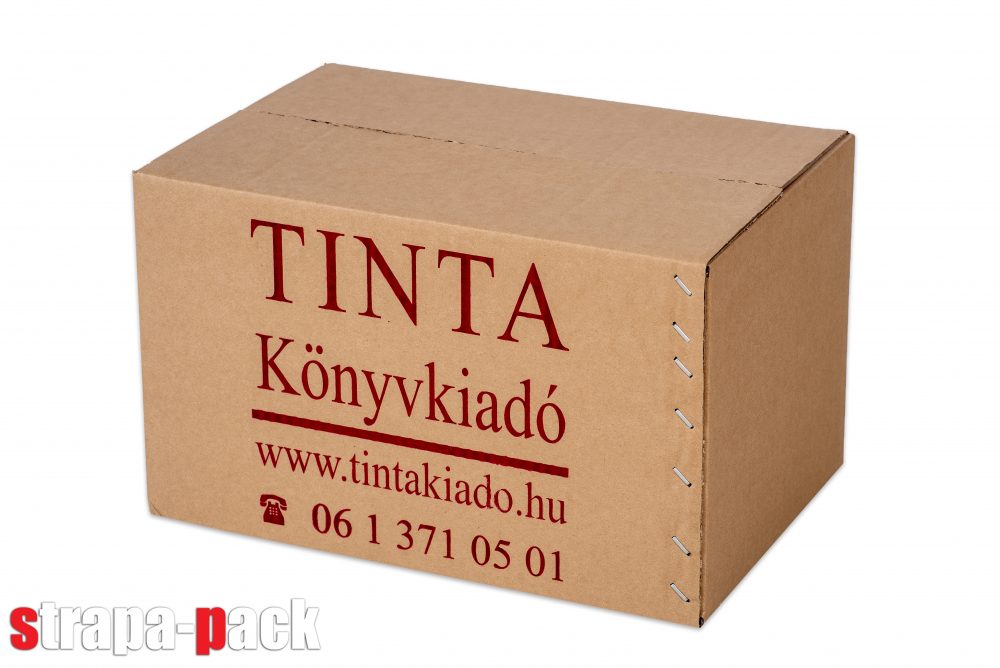Egy színnel nyomtatott kartondoboz könyvwebshopnak, elérhetőségekkel.